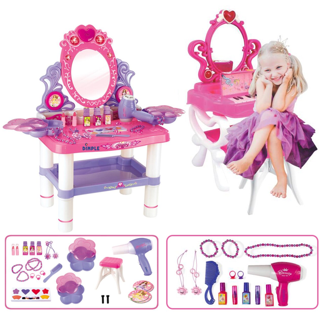 Dimple SET OF 2 Princess Pretend Play Vanity Tables w Working Piano Beauty Set & Princes Vanity Beauty Dresser Table